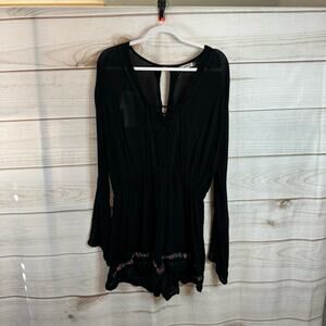 Lagaci Black Floral Print Embroidery Long Sleeve Romper Size XL